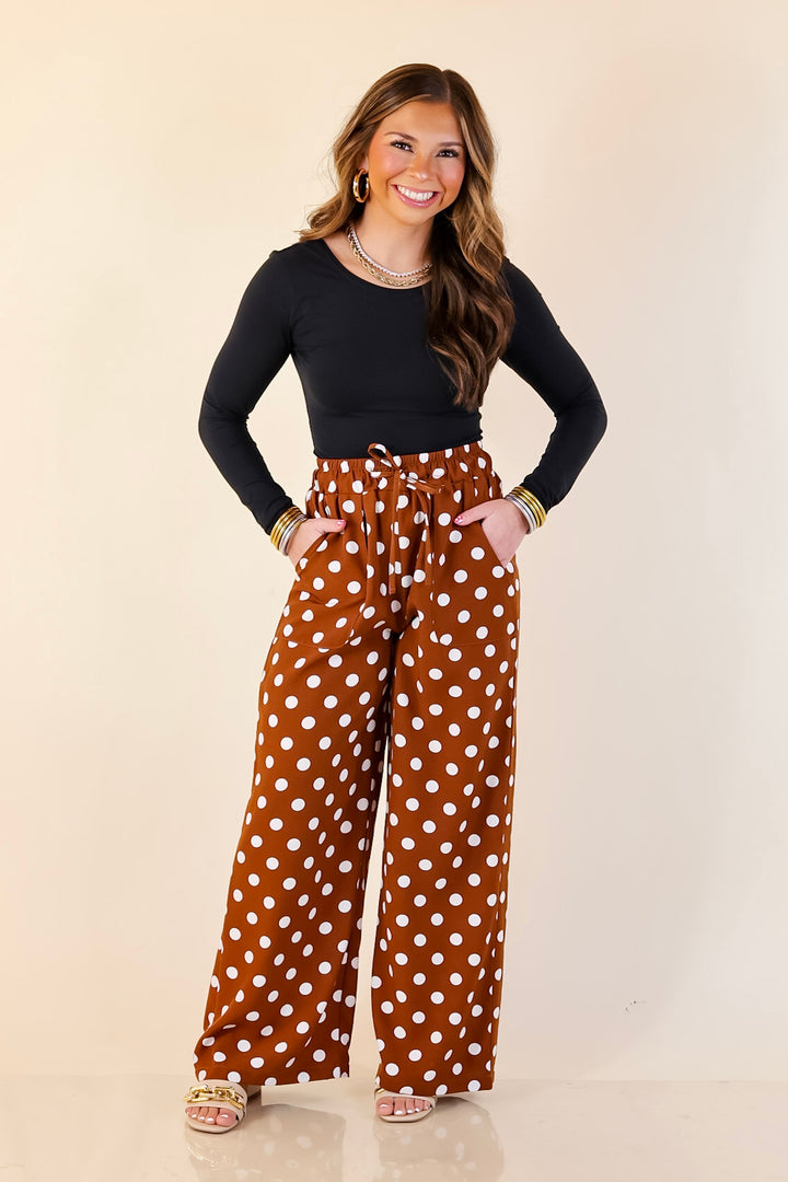 Pairs Well with Others Polka Dot Print Drawstring Pants with Elastic Waistband in Brown