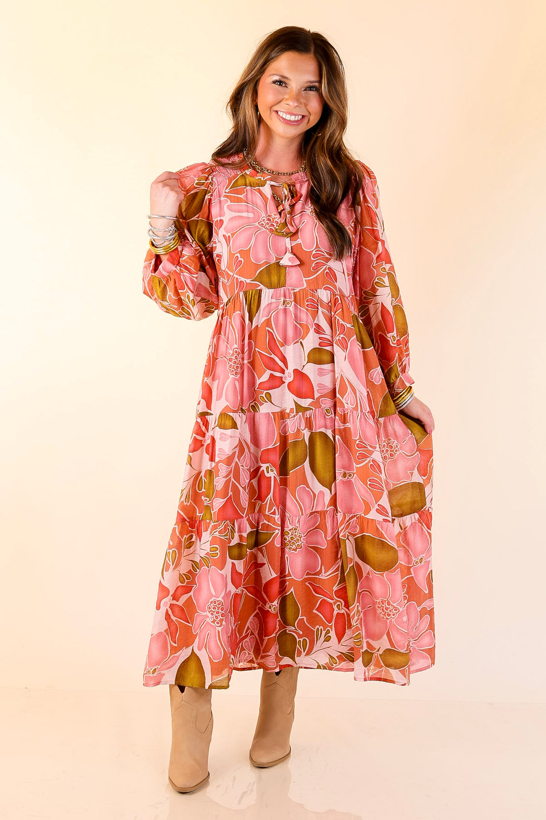 Tiered Midi Dress with 3/4 Balloon Sleeves in Pink and Olive Floral S Tiered Midi Dress with 3/4 Balloon Sleeves in Pink and Olive Floral S