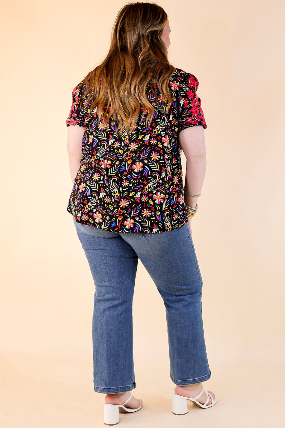 Vivid Vibes Multicolor Patterned Top with Short Puff Sleeves in Black