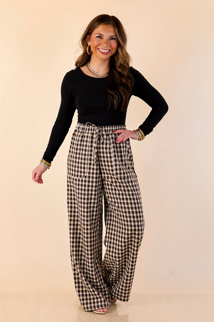 Pairs Well with Others Plaid Checkered Print Drawstring Pants with Elastic Waistband in Ivory
