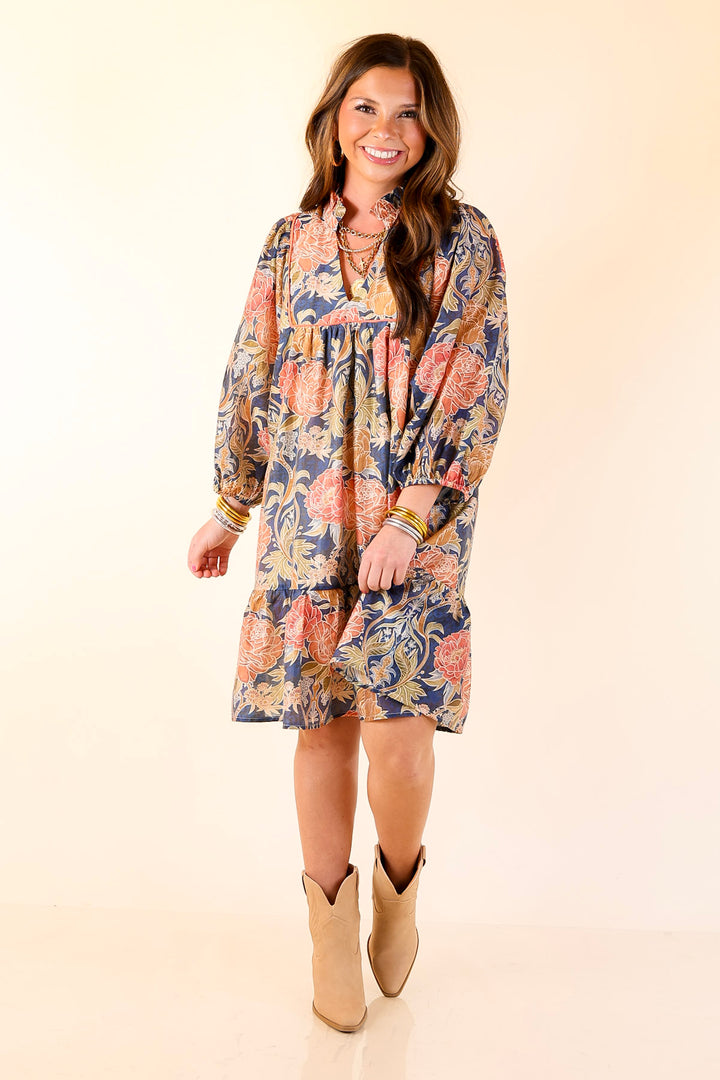 Blooming Days Ahead Floral Print V Neck Dress with Ruffle Trim Collar in Navy Mix