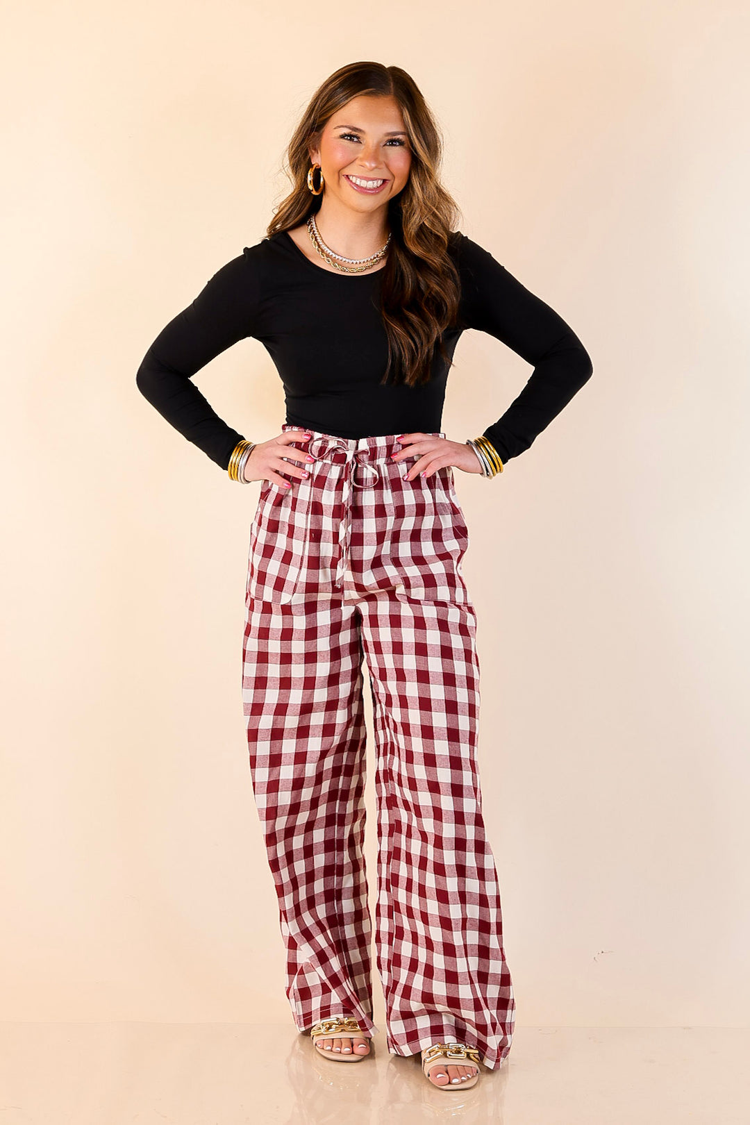 Pairs Well with Others Gingham Print Drawstring Pants with Elastic Waistband in Ivory and Maroon