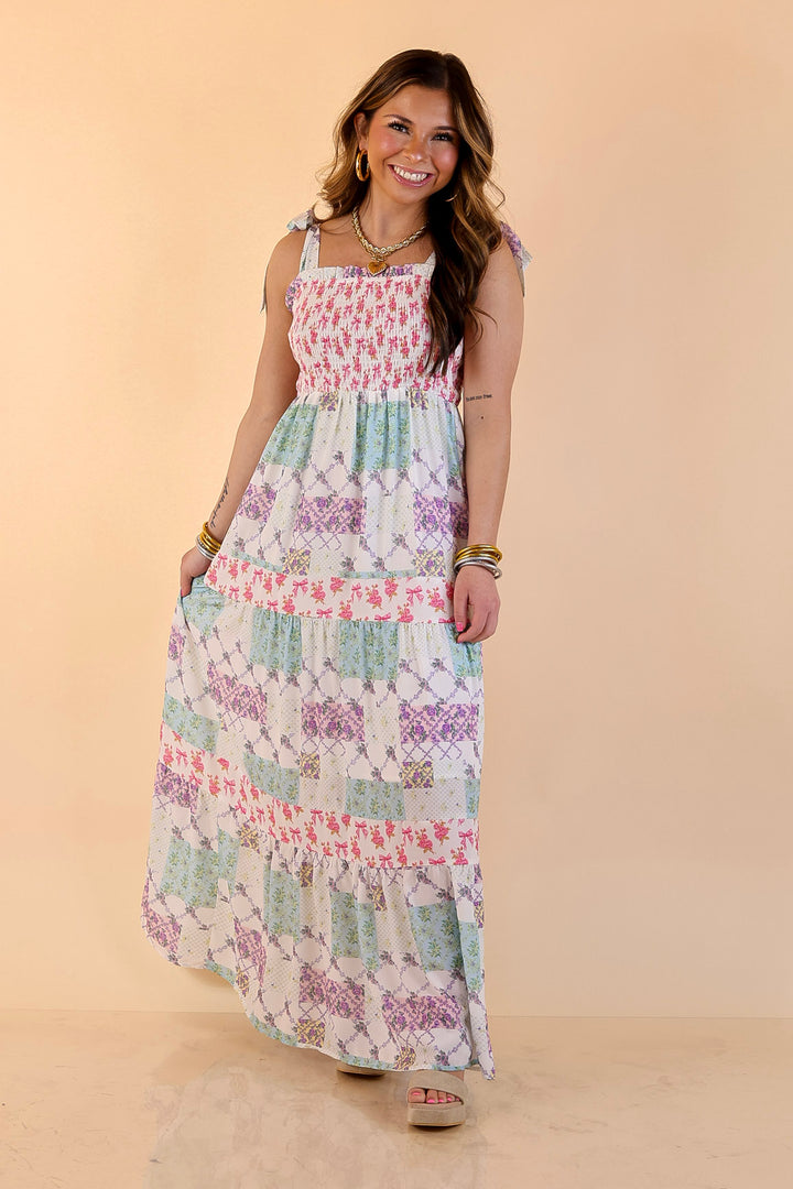 Simply Southern | Spring Symphony Patchwork Print Smocked Maxi Dress with Shoulder Ties and Tiered Skirt in Multi Floral