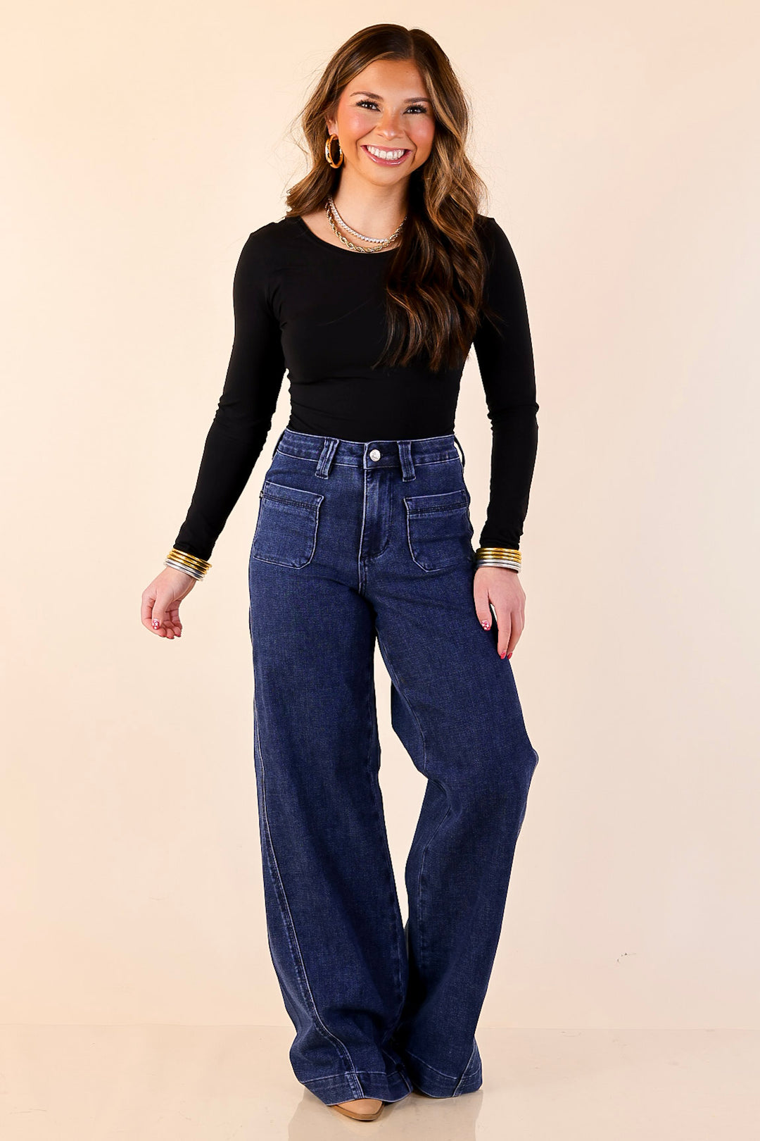 Judy Blue | Front and Center Front Patch Pocket Retro Wide Leg Trouser Jean in Dark Wash