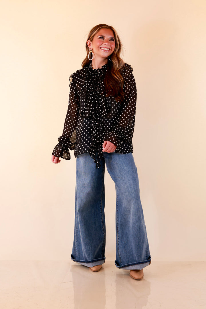 Finer Things Long Sleeve Sheer Ruffle Polka Dot Print Blouse with Balloon Sleeves in Black with White Dots