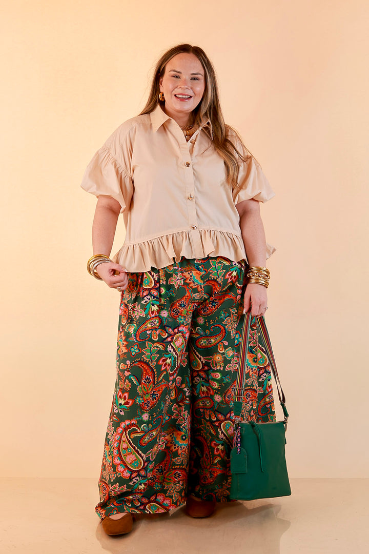 Free to Be Paisley Print Wide Leg Elastic Waist Pants in Olive Green