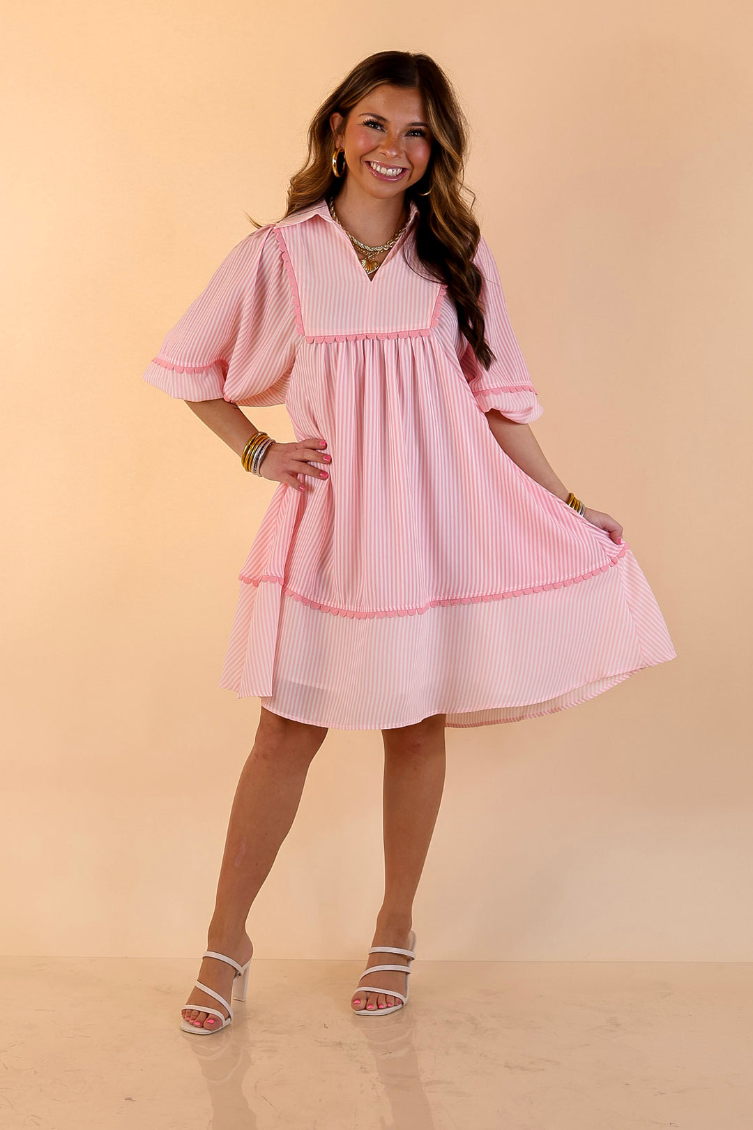 Simply Southern | Sunday Sweetheart Collared Stripe Babydoll Dress with 3/4 Sleeves and Ric Rac Front Yoke in Pink
