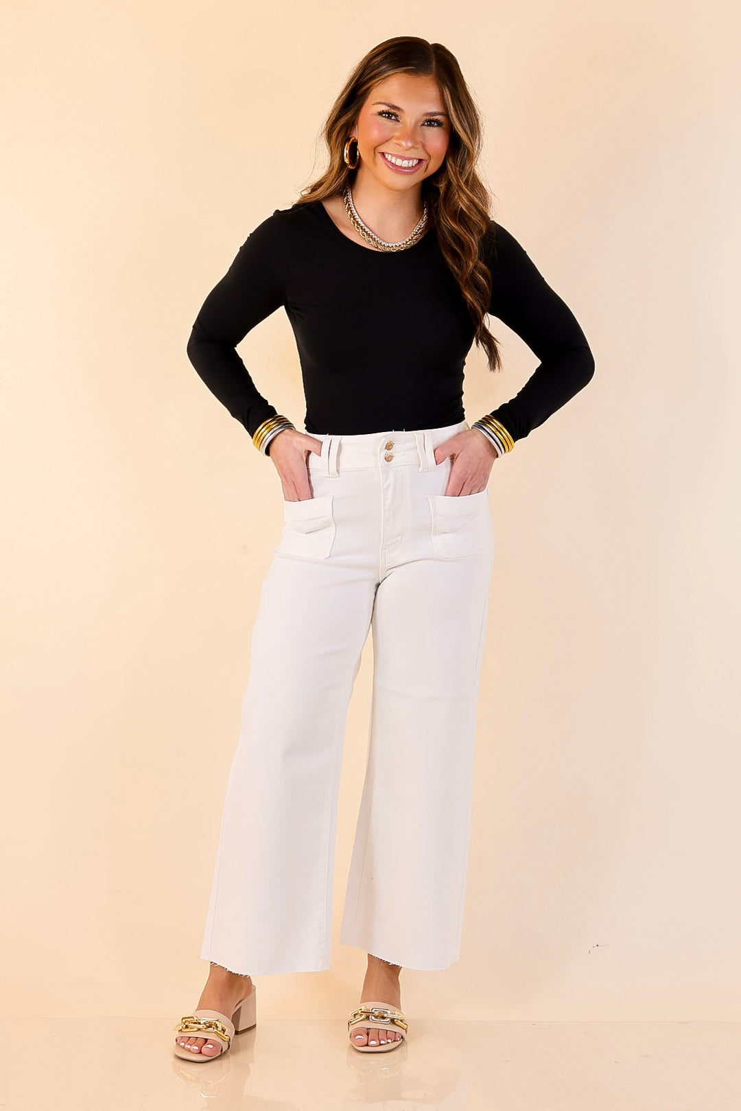 Judy Blue | No Second Guessing Cropped Wide Leg with Front Patch Pocket Jean in Ivory
