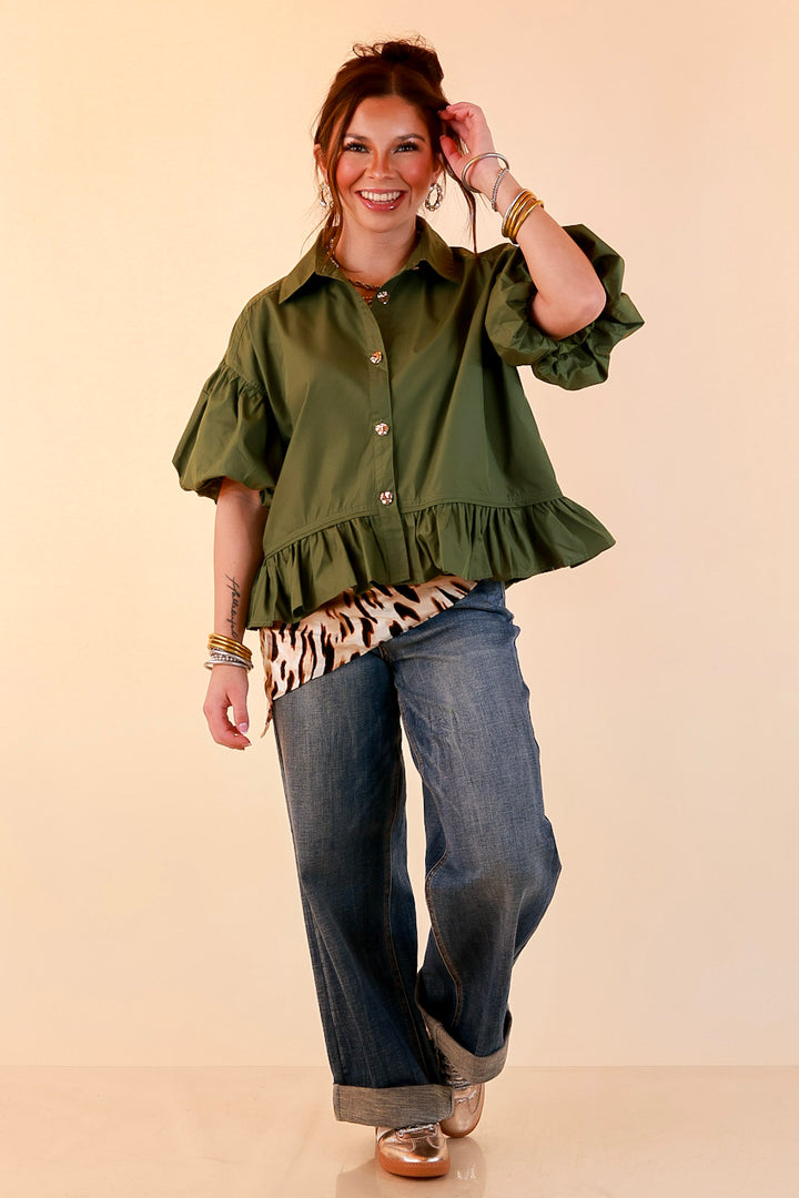 Style in Session Solid Button Down Peplum Bubble Sleeve Top in Olive Green