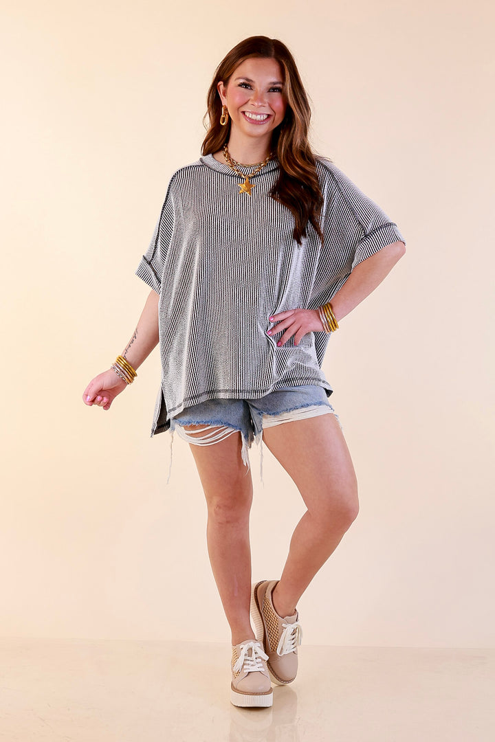 Daily Perfection Scoop Neck Short Sleeve Ribbed Top in Black and White Mix