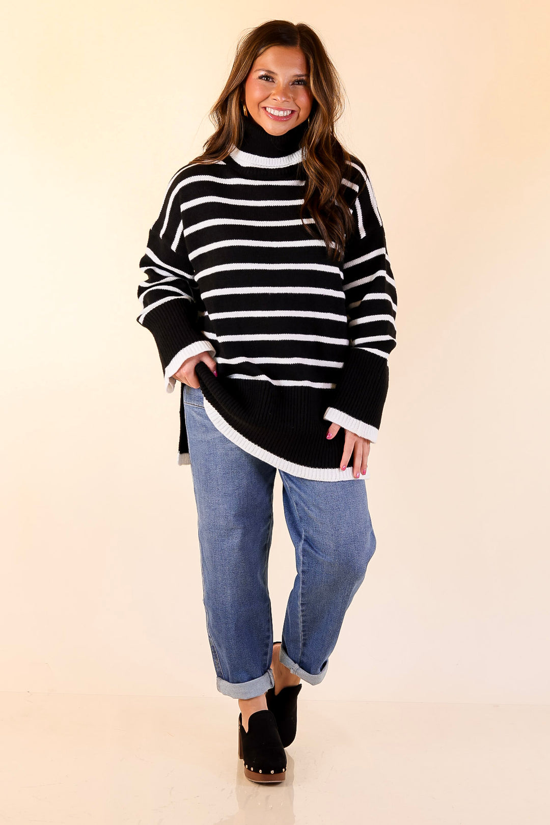 Mud Pie | Dunn Turtleneck Sweater with White Stripes in Black