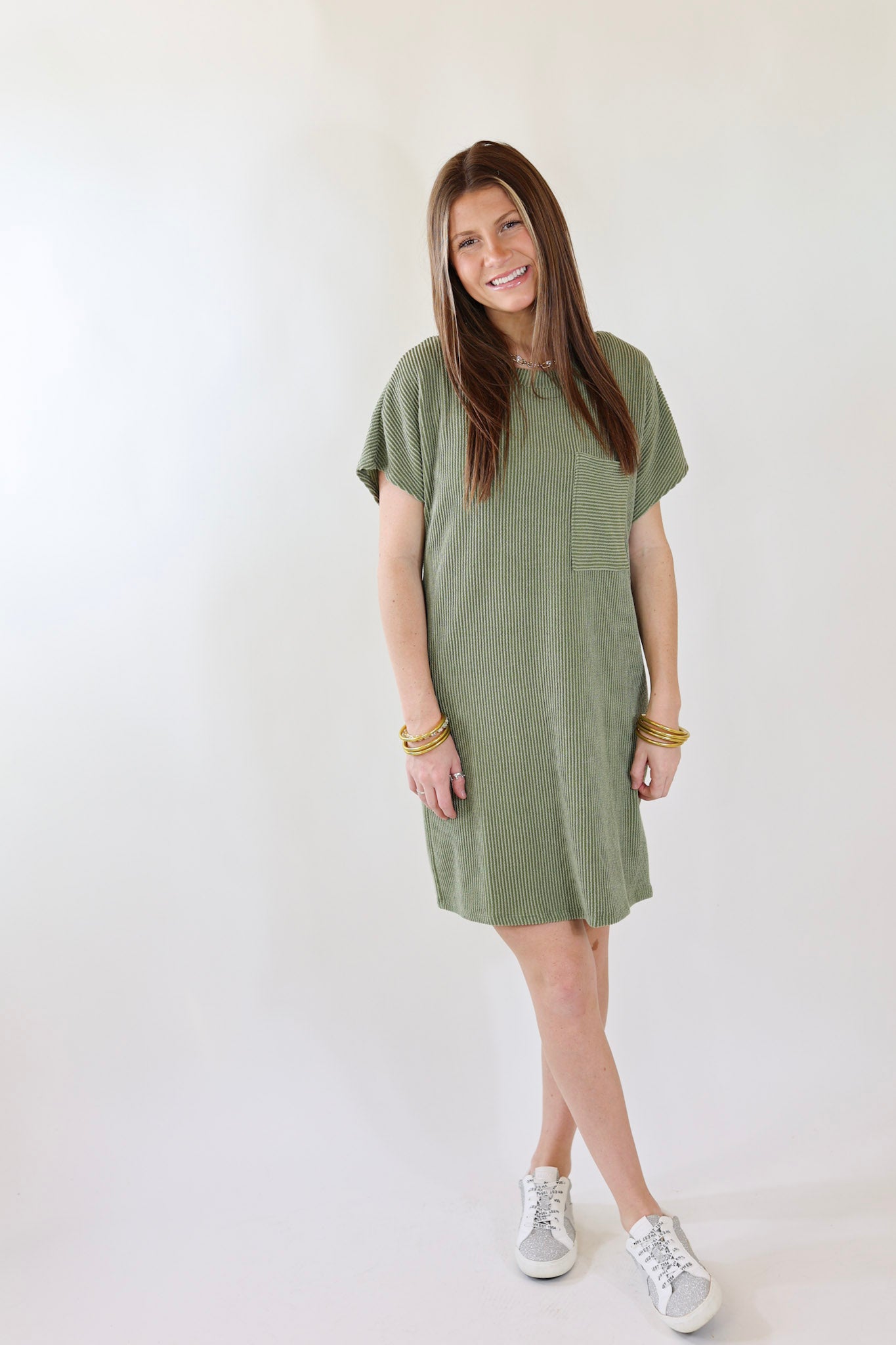 Coffee and Carefree Ribbed Short Sleeve Dress with Front Pocket in Olive Green - Giddy Up Glamour Boutique