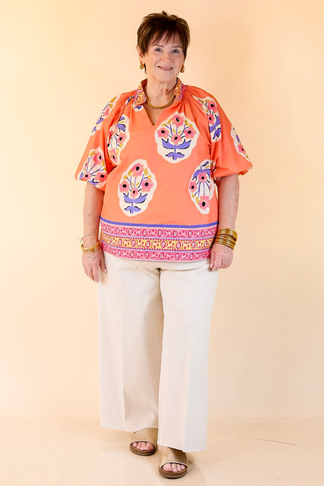 Twirling Tulips Floral Print A-line Top in Coral And Purple