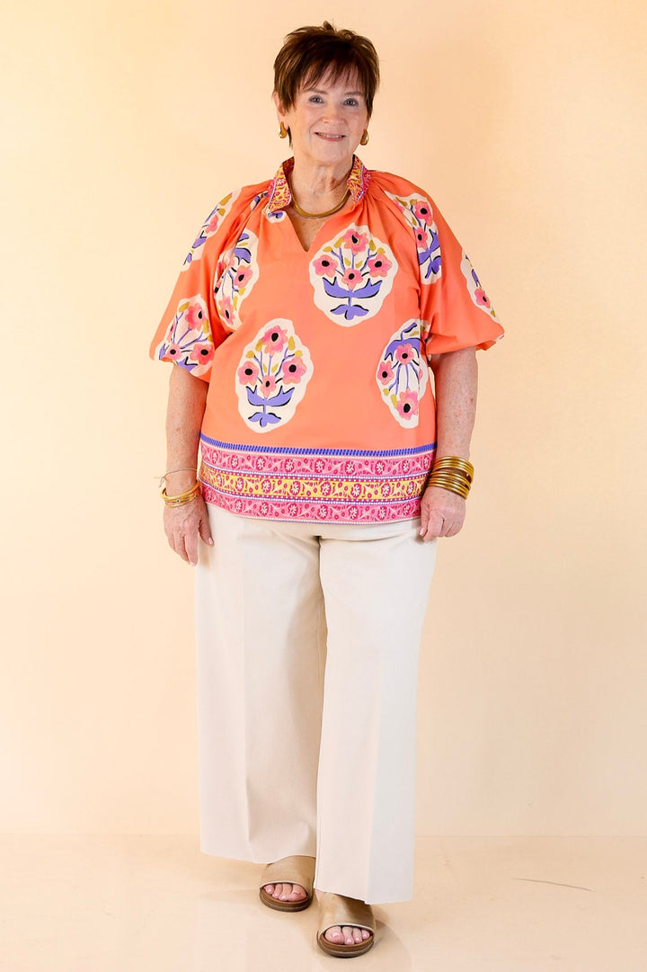 Twirling Tulips Floral Print A-line Top in Coral And Purple