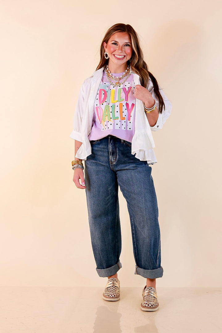 Here for the Fun "Dilly Dally" Stripe, Star and Polka Dot Print Short Sleeve Graphic Tee in Lavender Purple