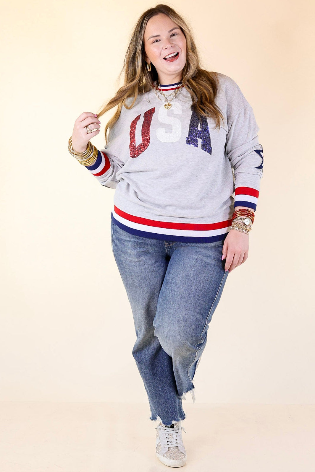 Simply Southern | All-American Sparkle USA Crew Neck Graphic Sweatshirt in Gray