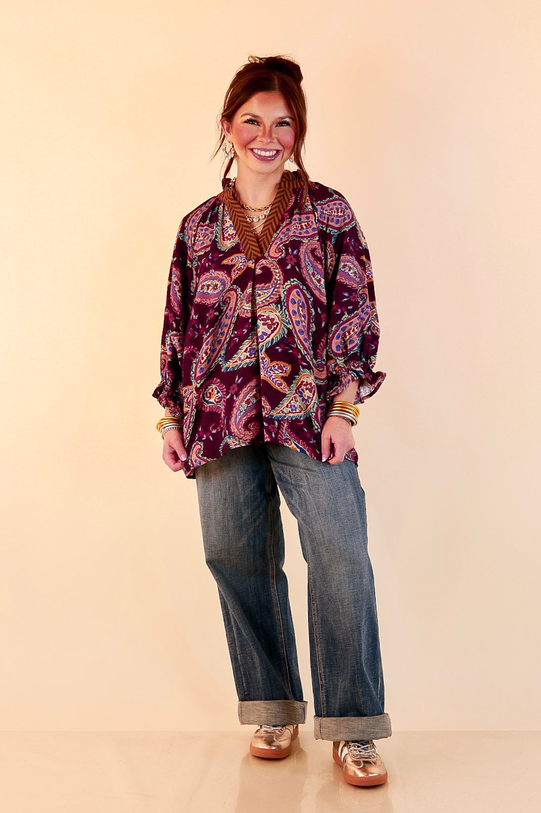 Caught My Eye Ruffle Contrast Stripe Detail Neck Balloon Sleeve Paisley Print Blouse in Plum Purple Mix