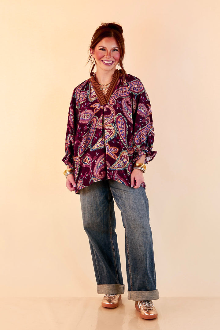 Caught My Eye Ruffle Contrast Stripe Detail Neck Balloon Sleeve Paisley Print Blouse in Plum Purple Mix