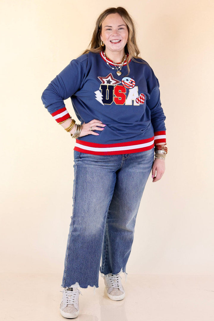 Simply Southern | Shining in the USA Crew Neck Patch Graphic Sweatshirt in Navy Blue
