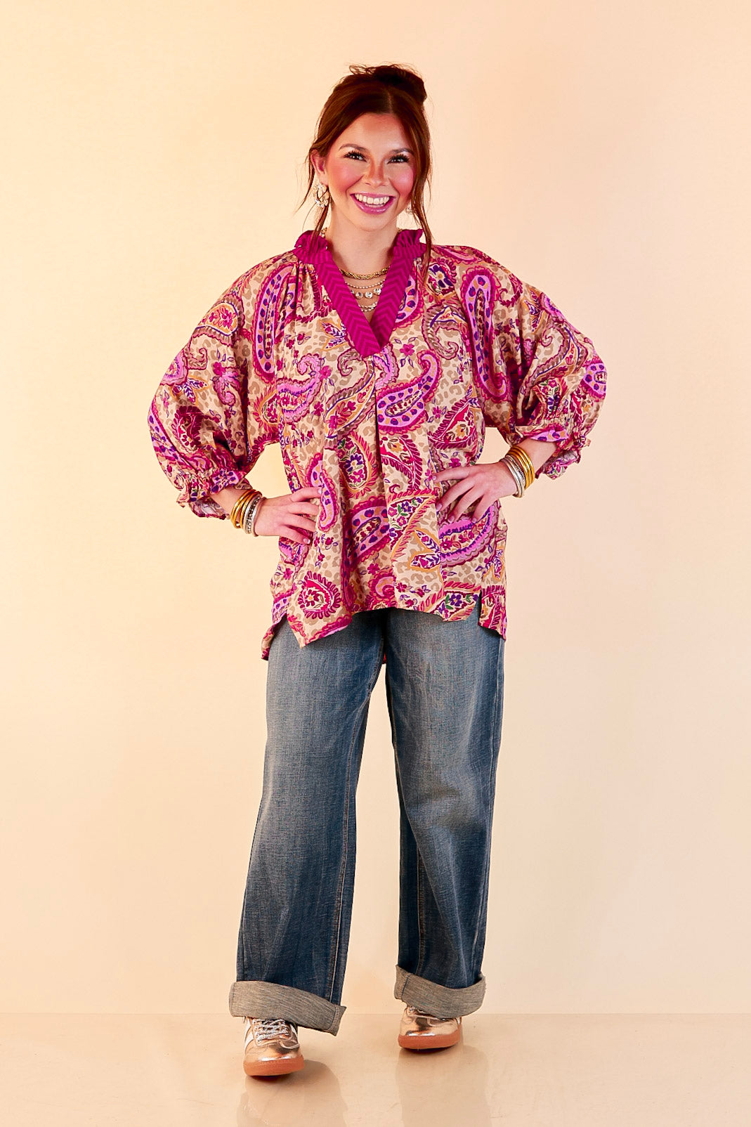 Caught My Eye Ruffle Contrast Stripe Detail Neck Balloon Sleeve Paisley Print Blouse in Fuchsia Pink Multi