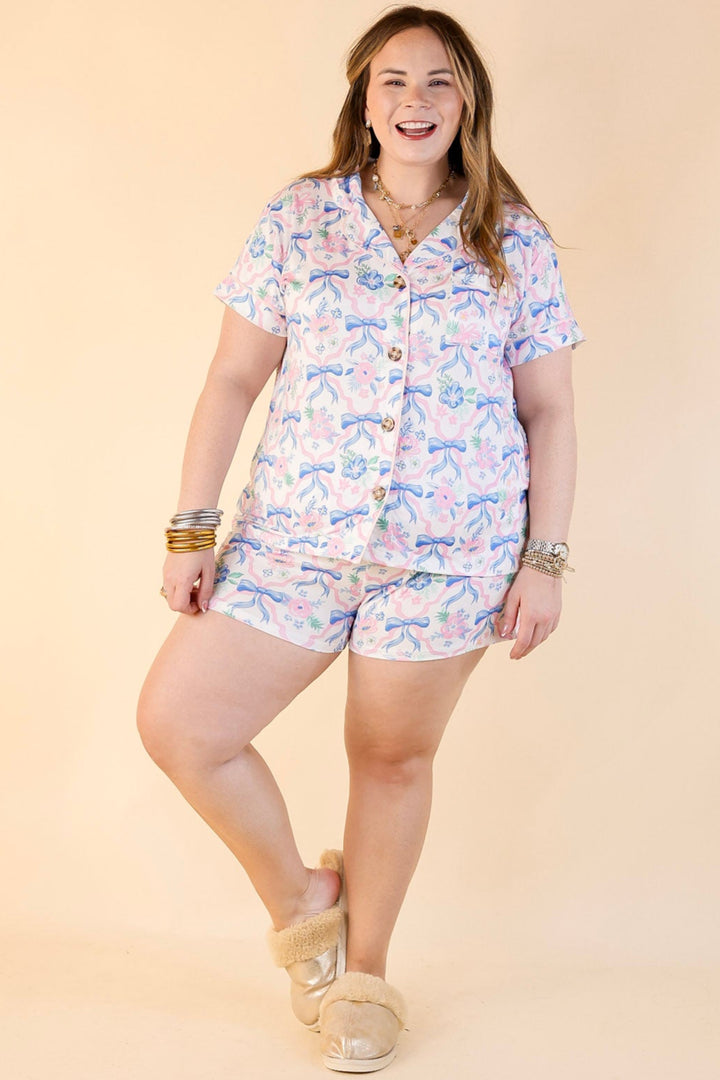 Simply Southern | Snooze in Style Ribbon Print Button Up Pajama Top in Off White