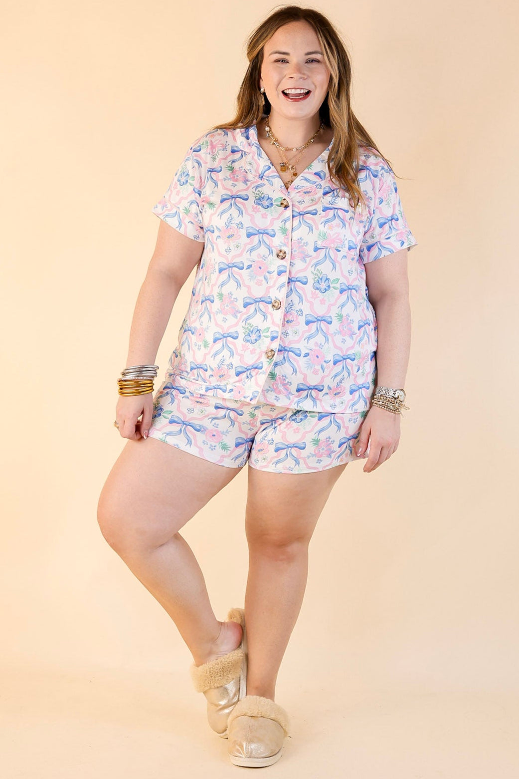Simply Southern | Snooze in Style Ribbon Print Pajama Shorts in Off White