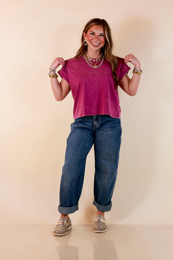 Easy Chic Mineral Washed Short Sleeve Cropped Tee in Plum Purple