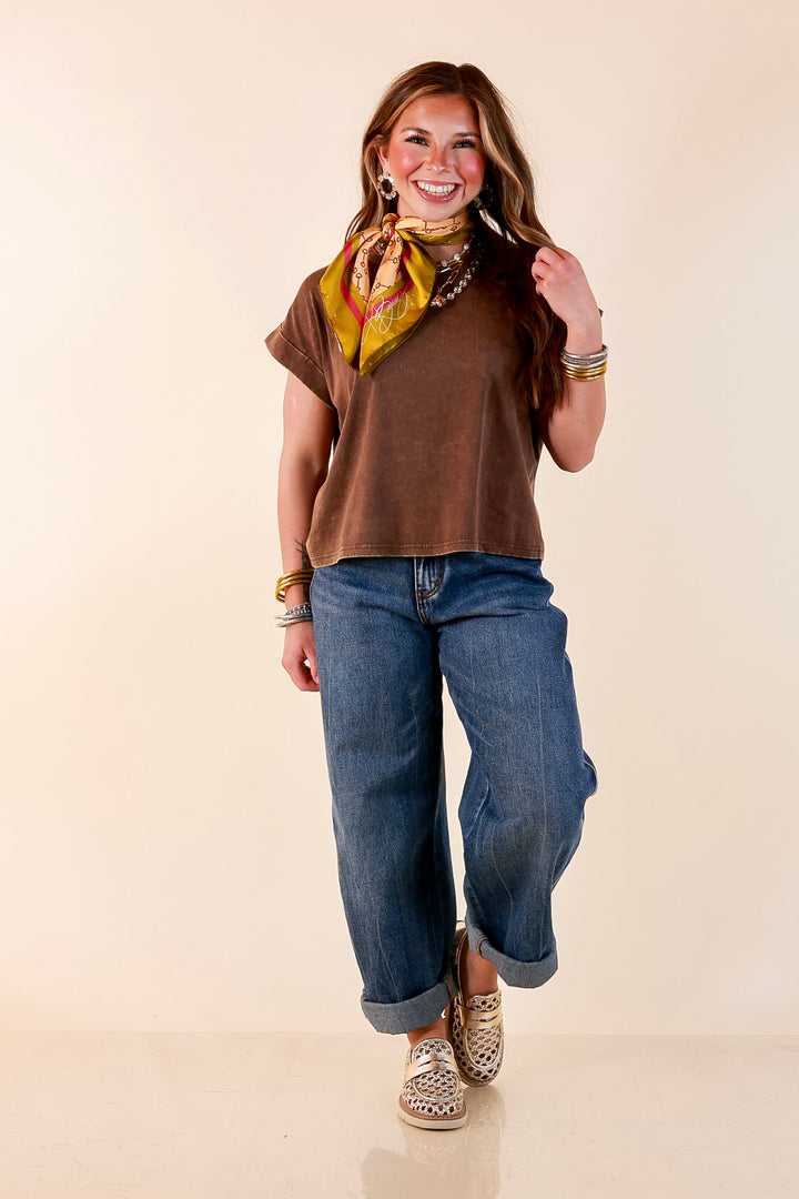 Easy Chic Mineral Washed Short Sleeve Cropped Tee in Chocolate Brown