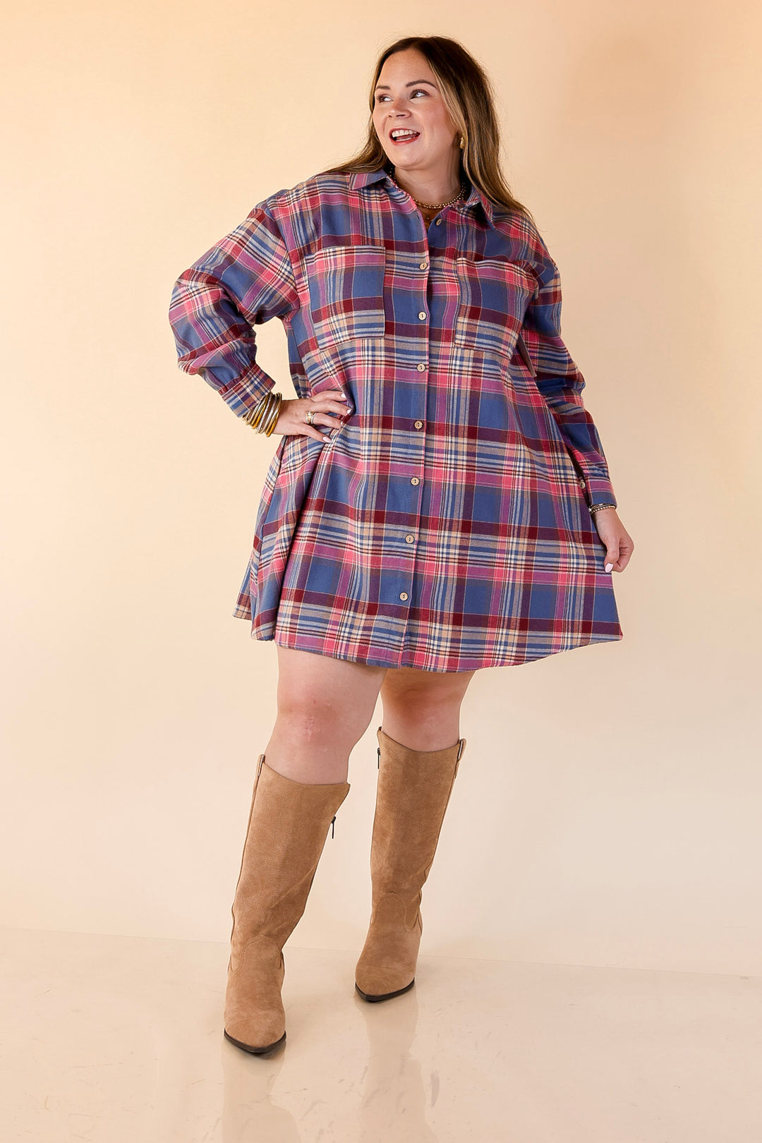 Vibrant Lifestyle Plaid Button Up Dress in Dusty Blue and Pink