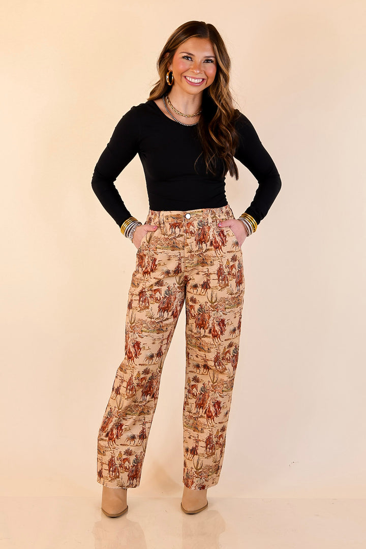 Story of the West Straight Leg Raw Hem Western Print Pants in Taupe Brown