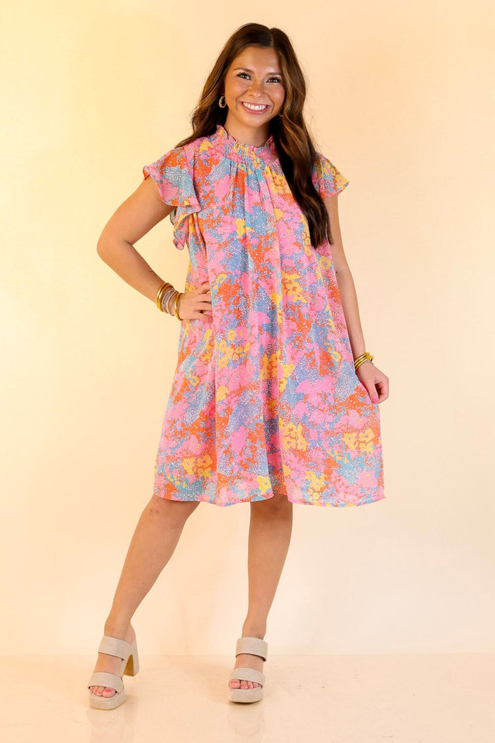 Out On The Town Ruffle Sleeve Floral Dress in Light Pink
