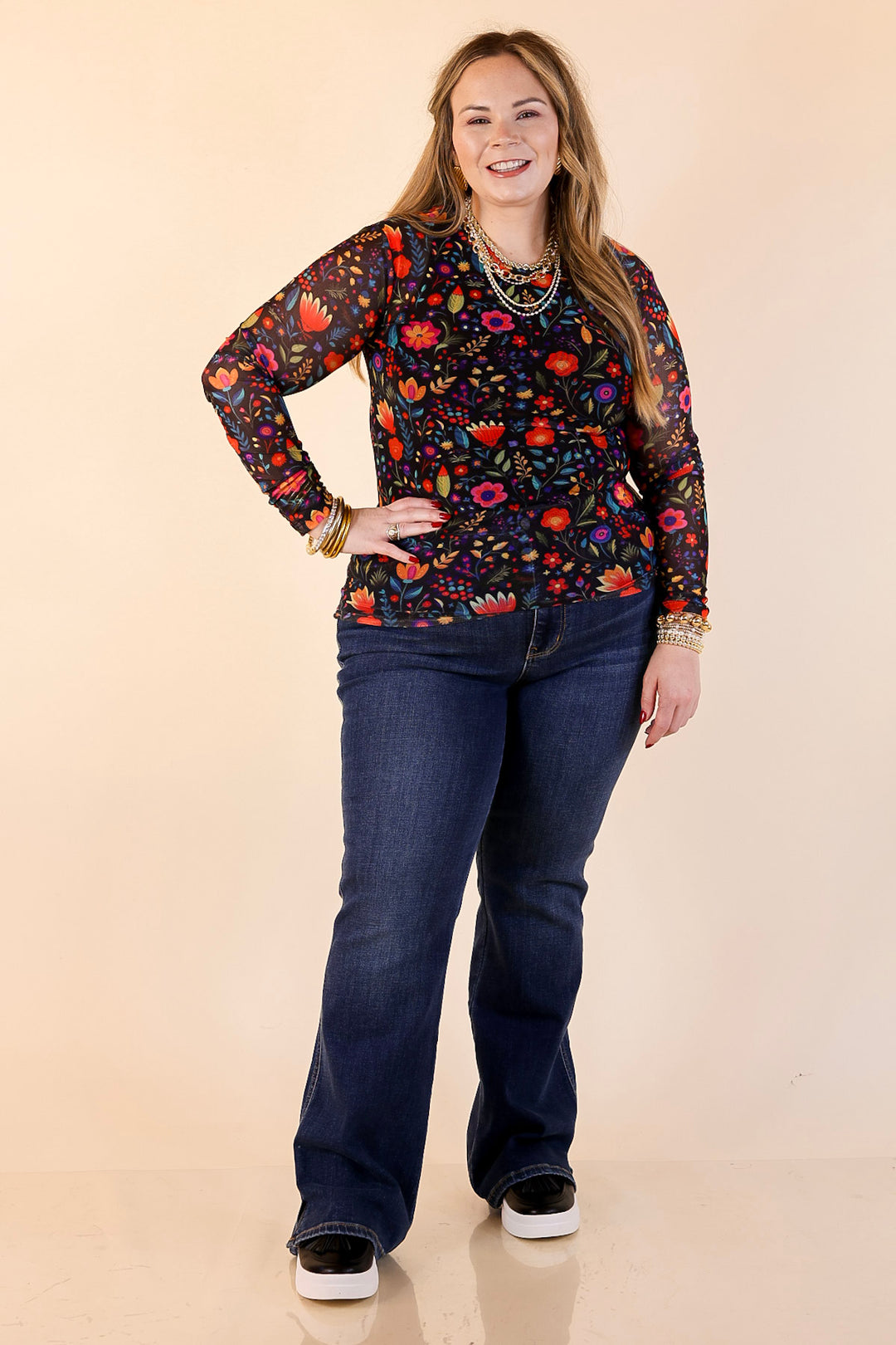 The Perfect Layer Colorful Floral Fiesta Print Mesh Long Sleeve Top in Black