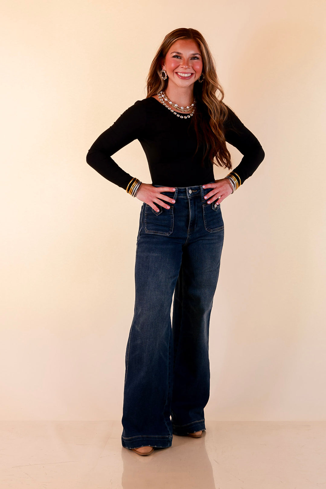 Judy Blue | Classic Companion Luxe Retro Wide Leg Jeans with Front Patch Pockets in Dark Indigo Wash