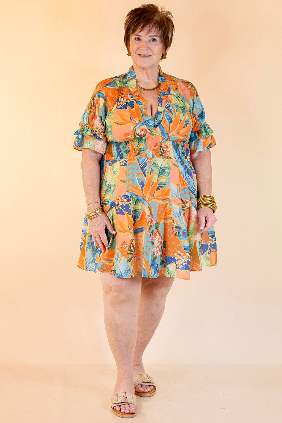 Sweet as Sundown Floral Print Dress With Smocked Waist in Orange Mix