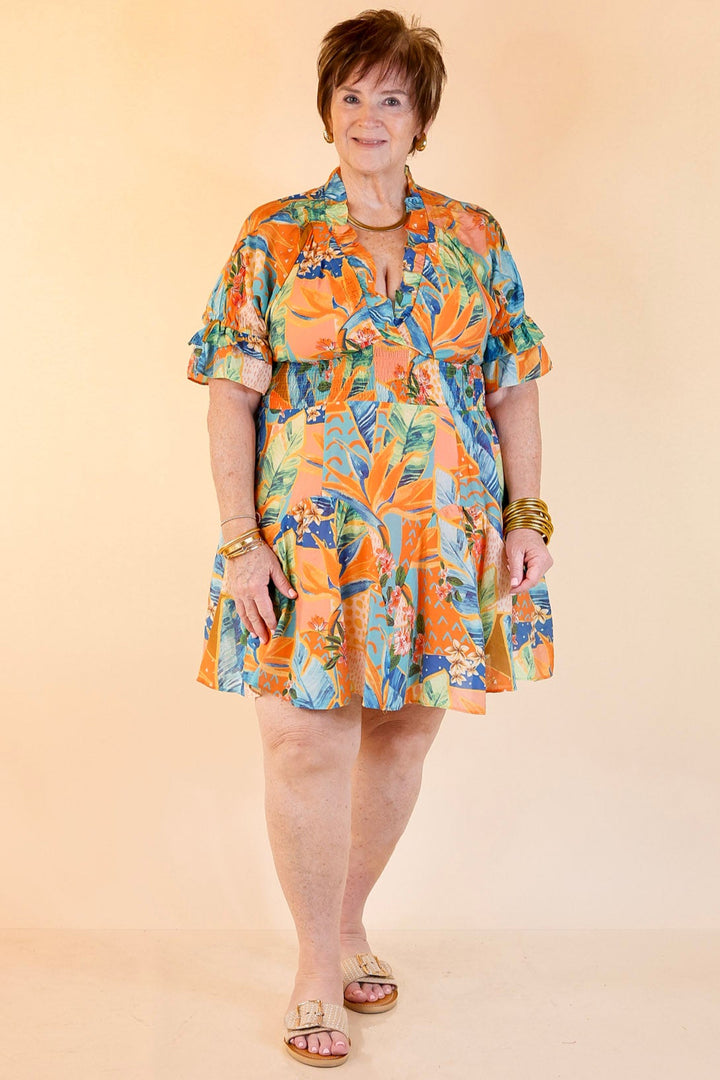 Sweet as Sundown Floral Print Dress With Smocked Waist in Orange Mix