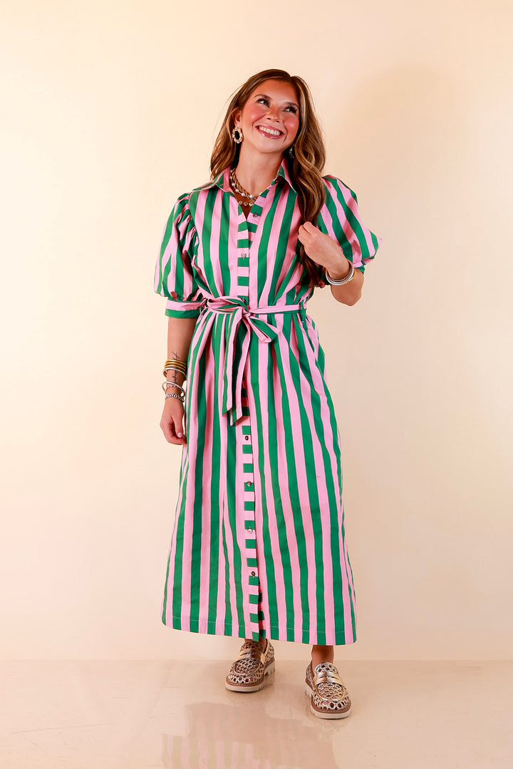 Palm Springs Pretty Puff Sleeve Button Front Belted Midi Dress with Stripe Print in Pink and Kelly Green