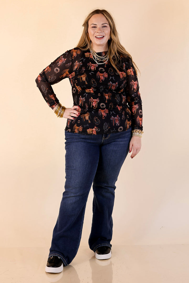 Sheer Confidence Western Saddle and Bits Icons Mesh Long Sleeve Top in Black