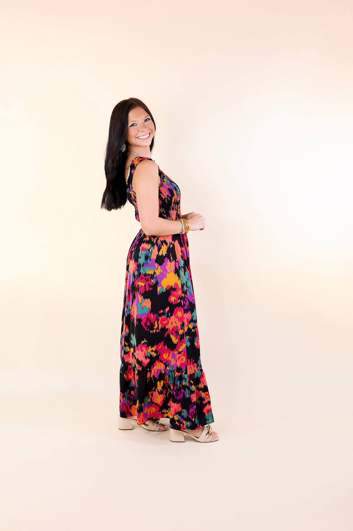 My Night Out Smocked Bodice Dress with Multicolor Abstract Print in Black