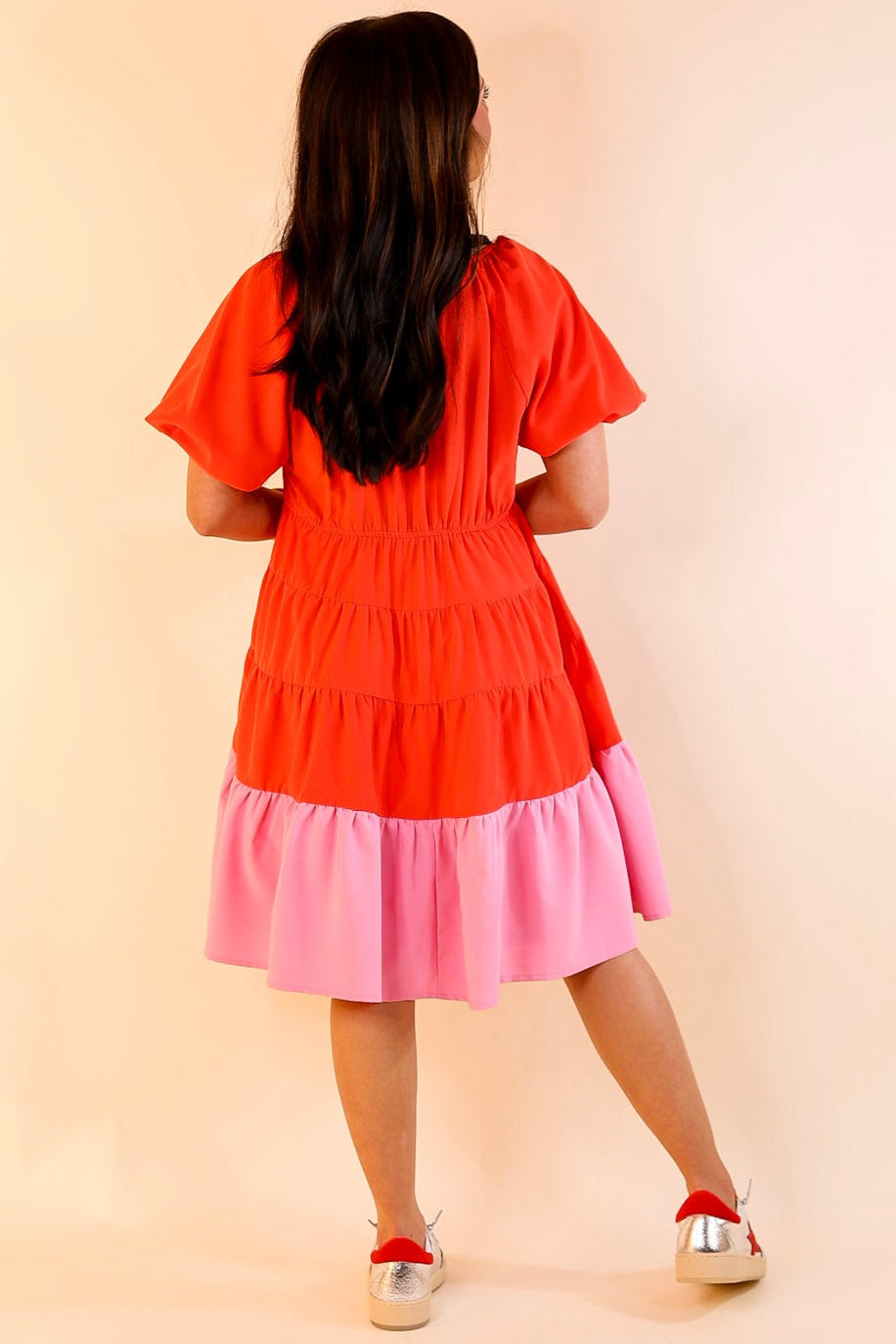 Trendy City Puff Sleeve Tiered Dress with Pink Hemline in Red