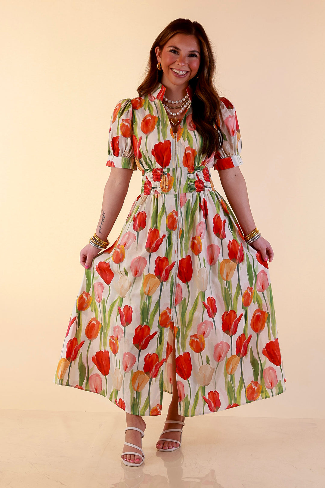 Modern Charm Zip Front Midi Tulip Print Dress with Smocked Waist and Short Sleeves in Cream