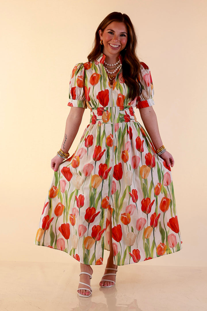 Modern Charm Zip Front Midi Tulip Print Dress with Smocked Waist and Short Sleeves in Cream