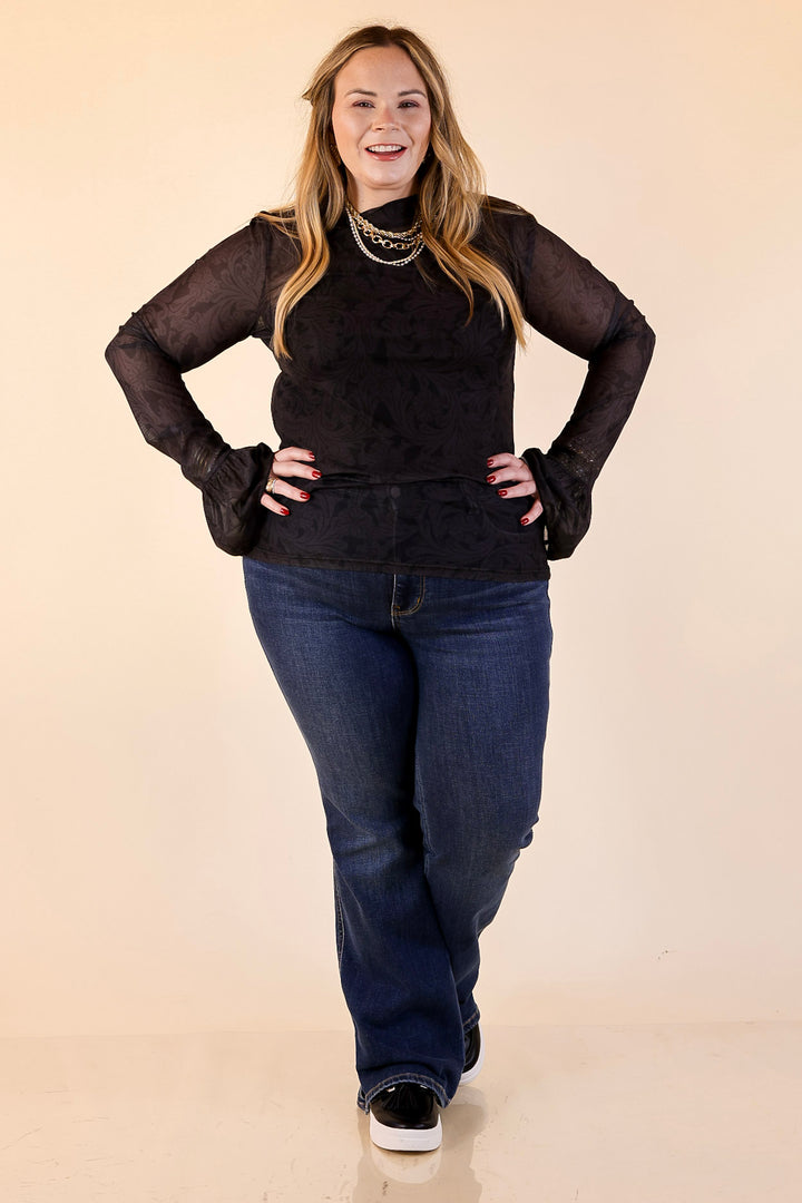 Sheer and Sophisticated Tooled Print Long Sleeve Mesh Top with Ruffle Sleeves in Black