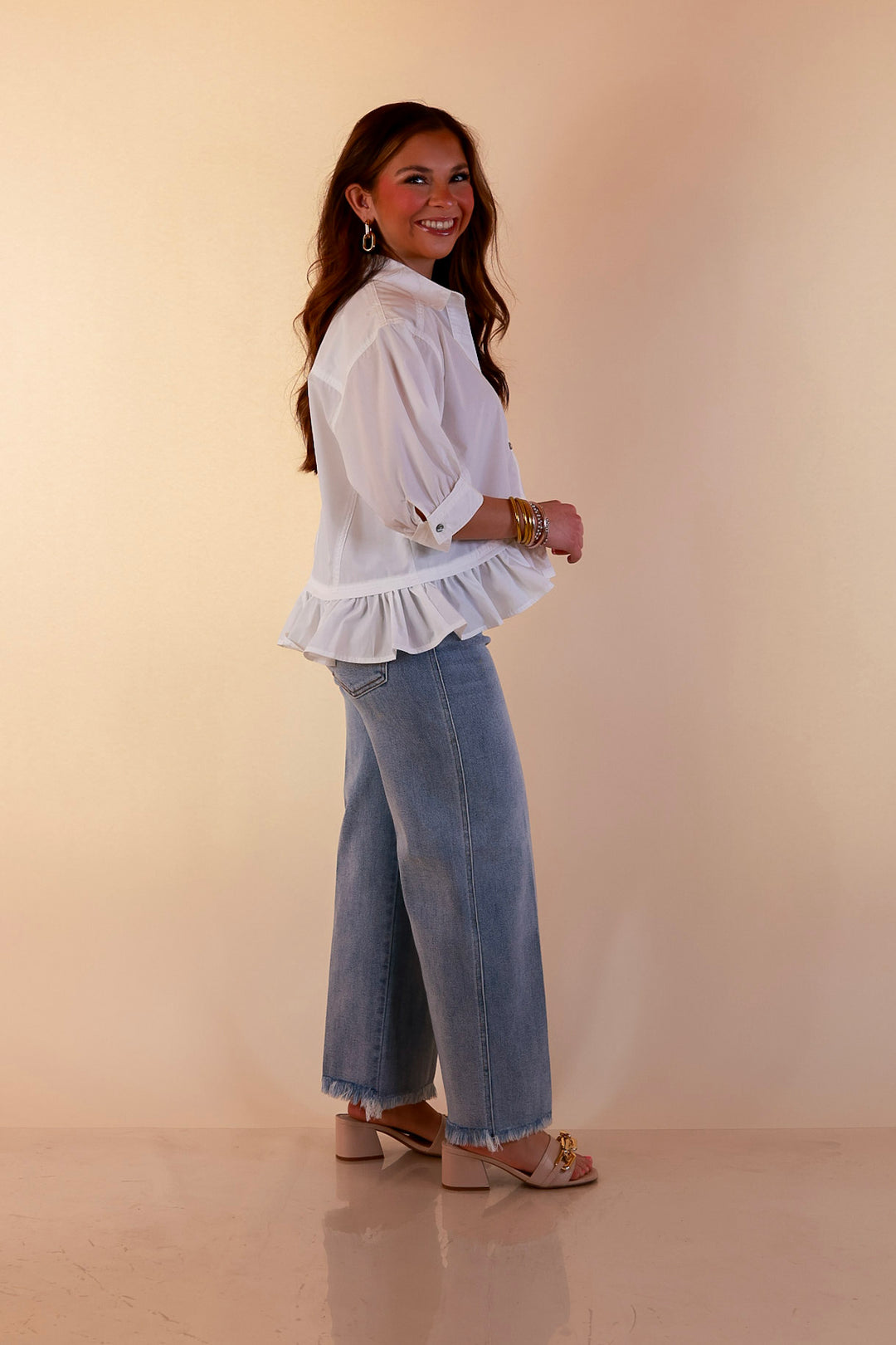 Style Agenda Solid Button Down Peplum Top in White