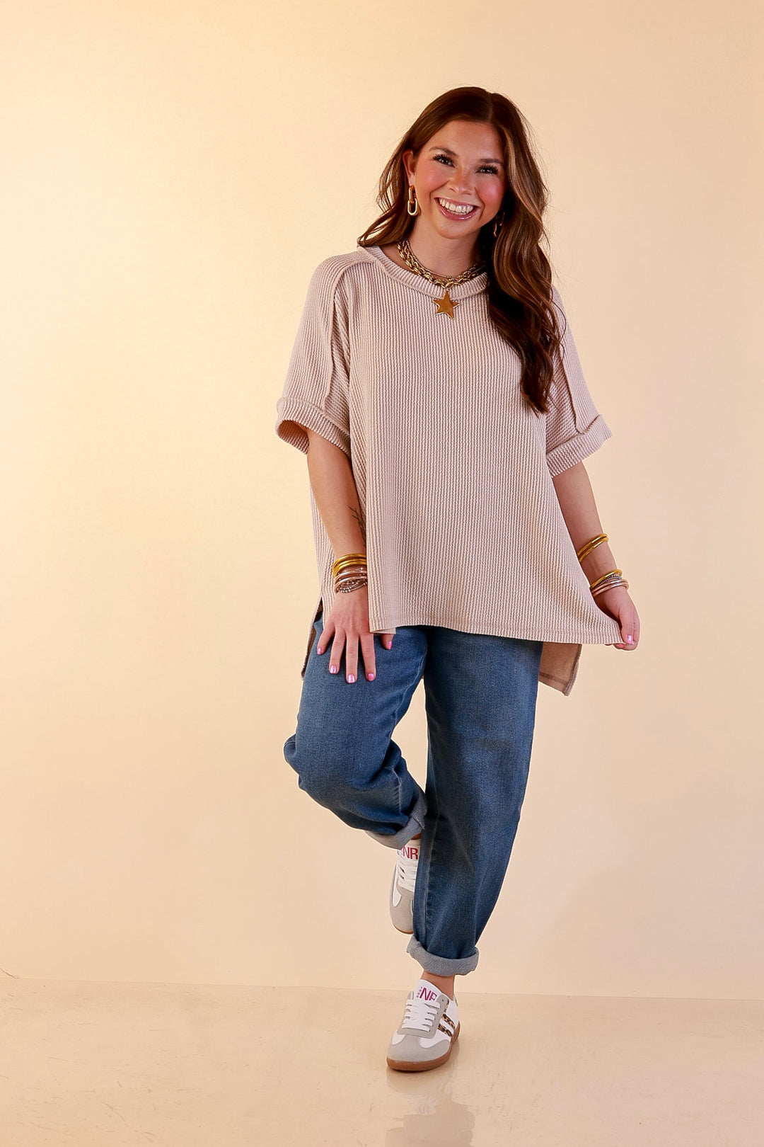 Daily Perfection Scoop Neck Short Sleeve Ribbed Top in Beige