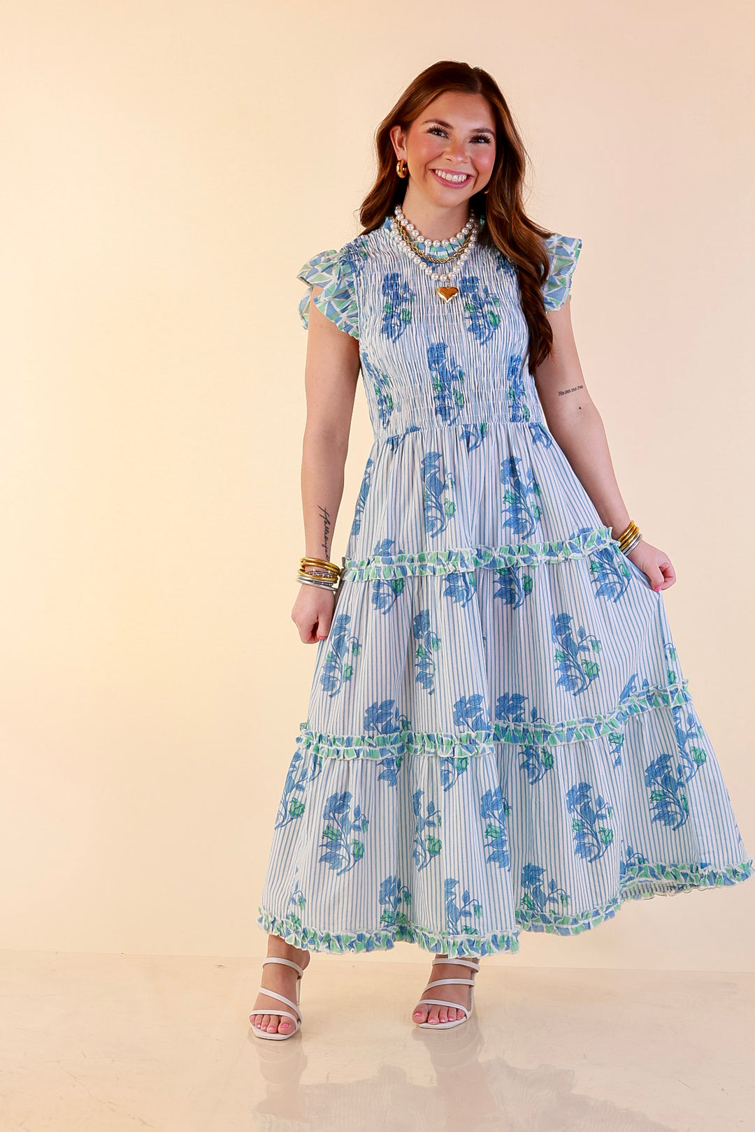 Mud Pie | Graceful Charm Smocked Floral and Stripe Print Tiered Midi Dress with Ruffle Sleeves in Blue