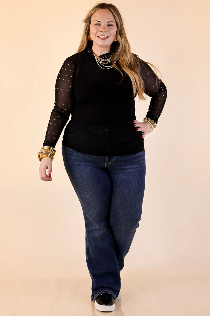 Sheer Confidence Solid Mesh Long Sleeve Top with Rhinestone Detailing in Black