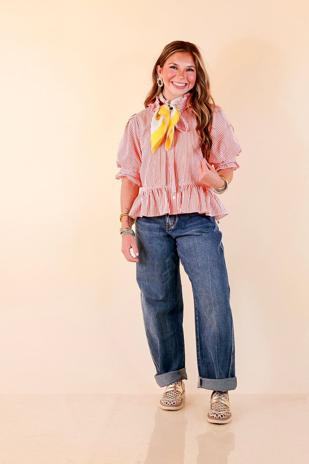 Tea Time Charm Tie Neck Puff Sleeve Peplum Button Front Stripe Blouse in Orange