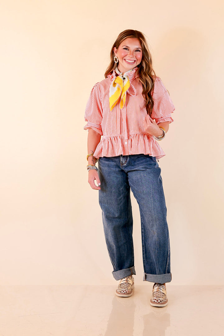 Tea Time Charm Tie Neck Puff Sleeve Peplum Button Front Stripe Blouse in Orange
