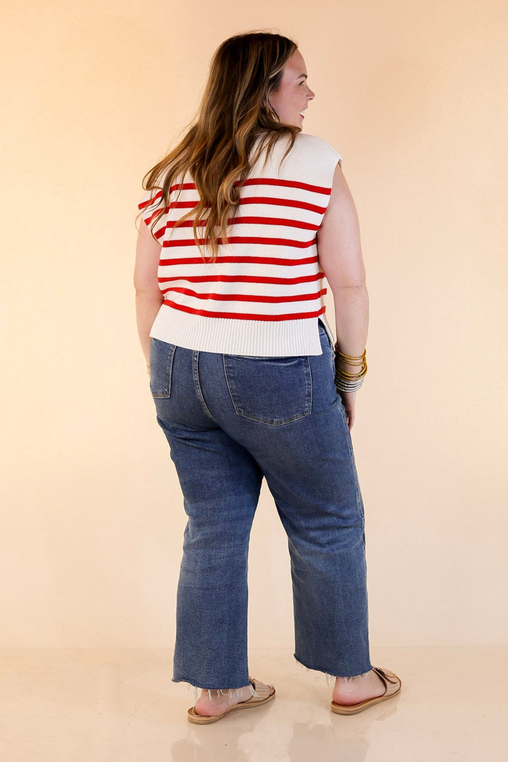 Stripe Things Up Drop Shoulder Knit Sweater in White with Red Stripes