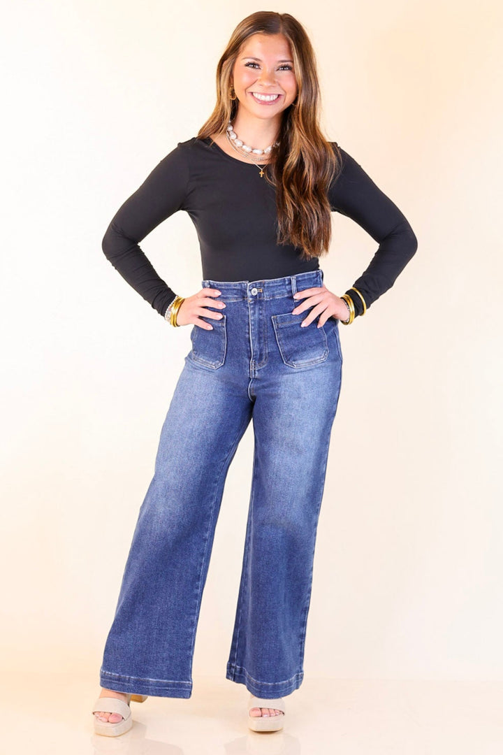 Patch Me In Denim Wide Leg Jean with Front Patch Pocket in Dark Wash